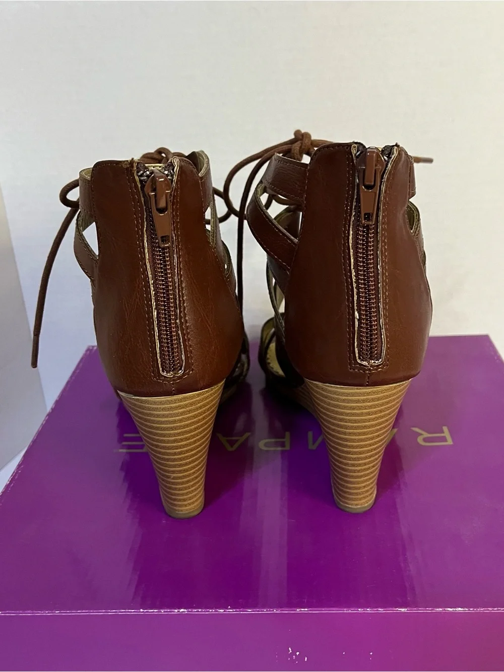 Rampage Cognac Brown Strappy Lace-Up Wedge Sandals